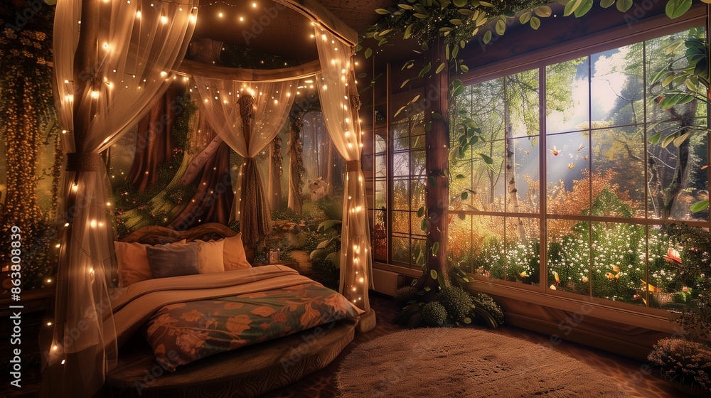 A guest room with a whimsical, fairy tale theme, featuring a canopy bed with twinkling lights, enchanted forest wall art, and a large window with a magical garden view. A guest room with a whimsical, fairy tale theme, featuring a canopy bed with twinkling lights, enchanted forest wall art, and a large window with a magical garden view.