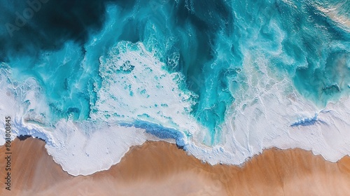 Powerful Overhead Photograph of Crashing Waves against a Golden Sand Shoreline. Nature Wallpaper. photo