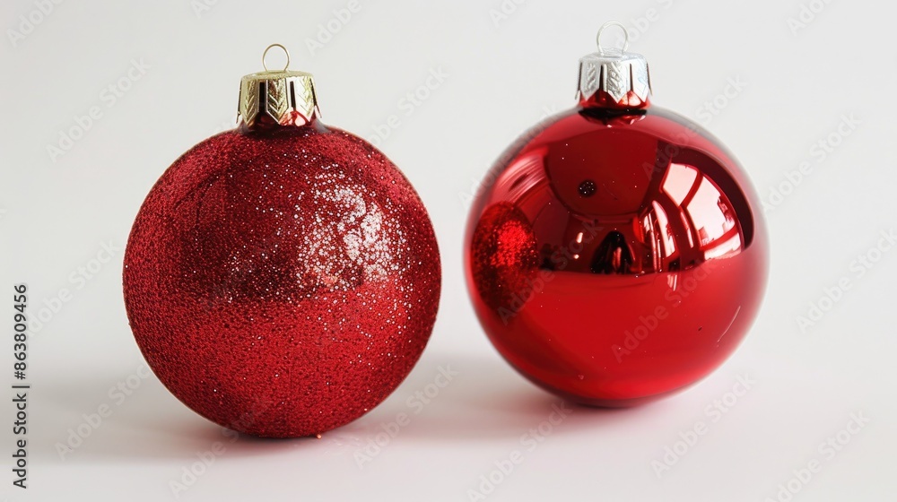Two red Christmas ornaments on white background partly visible Two red Christmas ornaments on white background partly visible