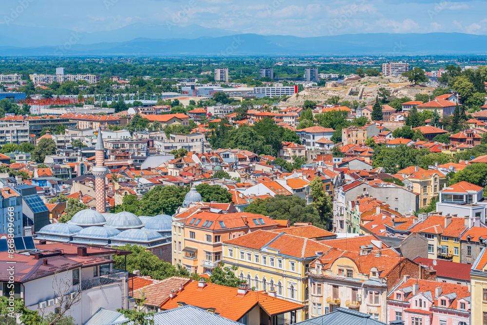 Plovdiv, Bulgaria. Scenic view of the Old Town district with the Friday Mosque and the Nebet Tepe Plovdiv, Bulgaria. Scenic view of the Old Town district with the Friday Mosque and the Nebet Tepe