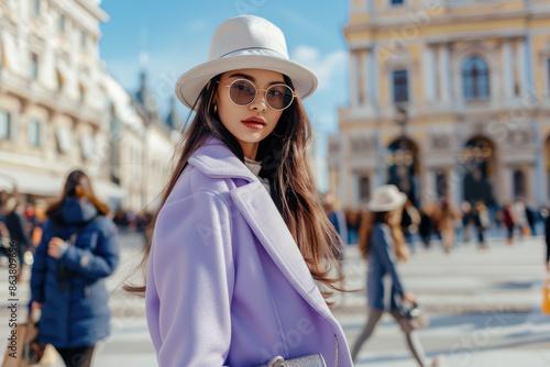 A beautiful woman in pastel purple coat, hat and glasses is walking on the city street ofstones with people around her, holding bag © Kien