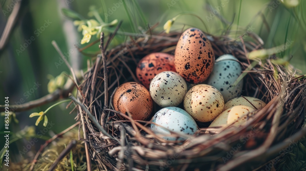 Eggs in the nest that are the color of quail Eggs in the nest that are the color of quail
