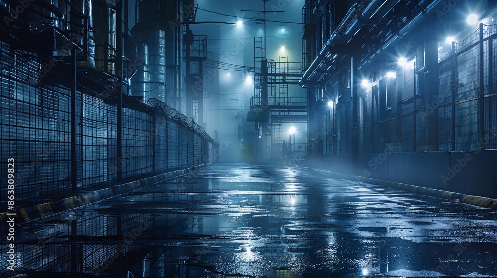 Midnight road or alley with wet asphalt and metal fences. Midnight road or alley with wet asphalt and metal fences.