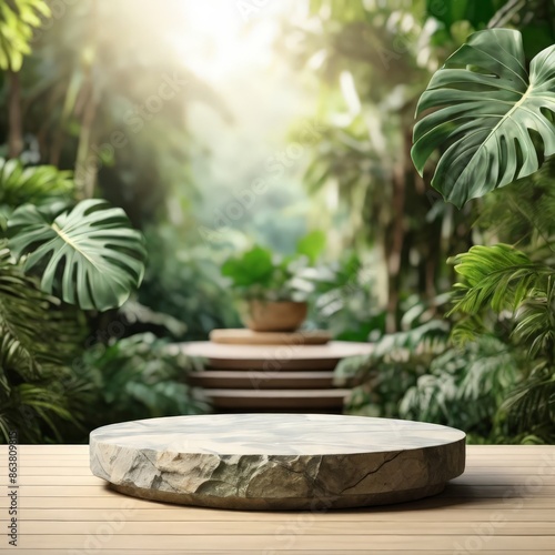 a stone sitting on a table with a plant in the background