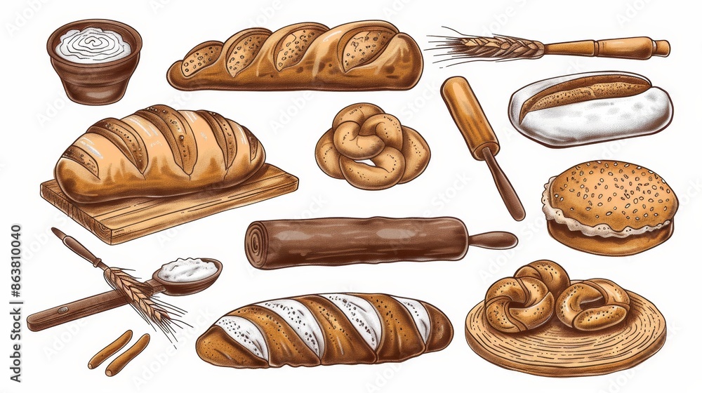 A sketch of a bakery shop full of bread, rye and wheat bread, croissants, pretzels, braided buns and baguettes, rolling pins, hats, and scoops engraved with retro food icons. A sketch of a bakery shop full of bread, rye and wheat bread, croissants, pretzels, braided buns and baguettes, rolling pins, hats, and scoops engraved with retro food icons.