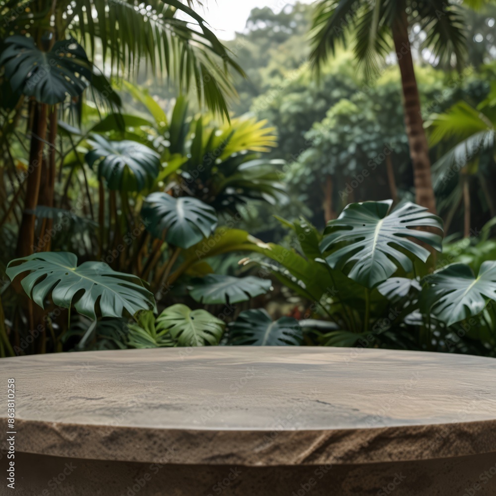 Fototapeta premium a stone sitting on a table with a plant in the background