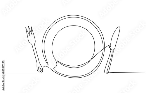 continuous single line drawing of dinner concept, plate with fork, knife and spoon, line art vector illustration, Continuous one line plate. Hand drawing art dinner theme with linear plate spoon knife