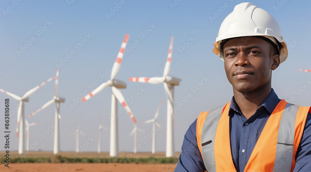 Portrait shot of An African engineer man with a windmill farm in background with copy space, Engineer with vest and safety helmet
Portrait shot of An African engineer man with a windmill farm in background with copy space, Engineer with vest and safety helmet