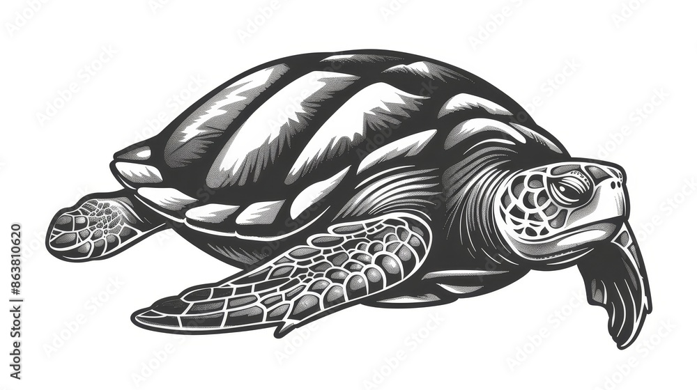 Obraz premium Isolated monochrome sketch icon of a wood turtle. Modern caretta ocean terrapin with shell, aquarium pet, mascot of sea reptile. Loggerhead sea turtle, reptile, nautical tortoise.
