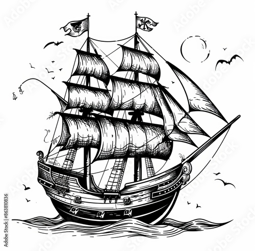 There are a sailing ship with a flag and an old sailboat. A modern brigantine caravel galley with guns and an adventure galleon. A pirate boat with canvas and flags.