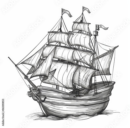 Vintage sailboat with canvas isolated on white and with a star. Modern frigate brigantine, war boat in sea. Sailing nautical or seafarer old vessel image.