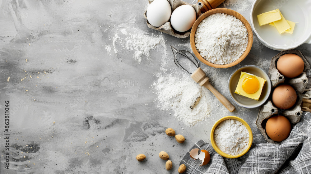 Top view of a gray background with culinary ingredients, flour, eggs, oils and kitchen textiles. Copy space. Baking ingredients. Cooking concept. Top view of a gray background with culinary ingredients, flour, eggs, oils and kitchen textiles. Copy space. Baking ingredients. Cooking concept.