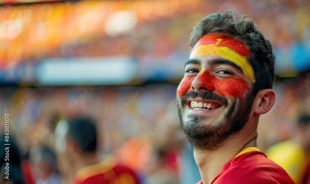 Joy and Pride Evident on the Face of a Spanish Football Fan Cheering in the Stadium Generative ai Joy and Pride Evident on the Face of a Spanish Football Fan Cheering in the Stadium Generative ai