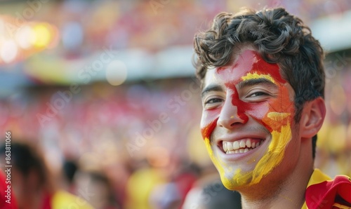 Joy and Pride Evident on the Face of a Spanish Football Fan Cheering in the Stadium Generative ai