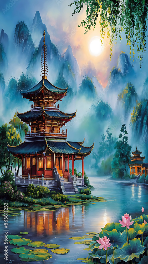 Obraz premium A serene and picturesque scene of a traditional East Asian pagoda nestled amidst misty mountains.