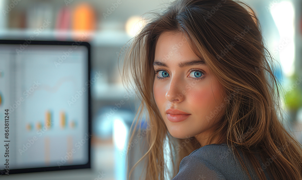 Fototapeta premium Young Woman Sitting at Computer