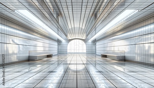 Empty subway station with clean tiled wall and floor in 3D rendering. © Faustudio