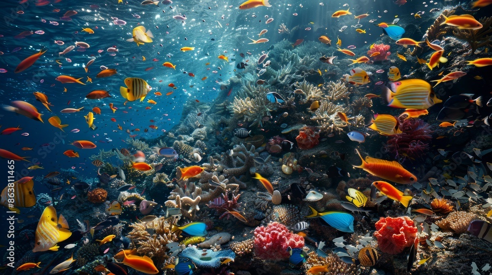 Fototapeta premium Underwater fish nature animal illustration water reef background.