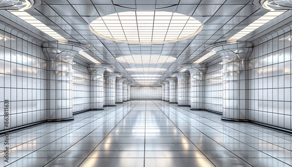 Empty subway station with clean tiled wall and floor in 3D rendering. Empty subway station with clean tiled wall and floor in 3D rendering.