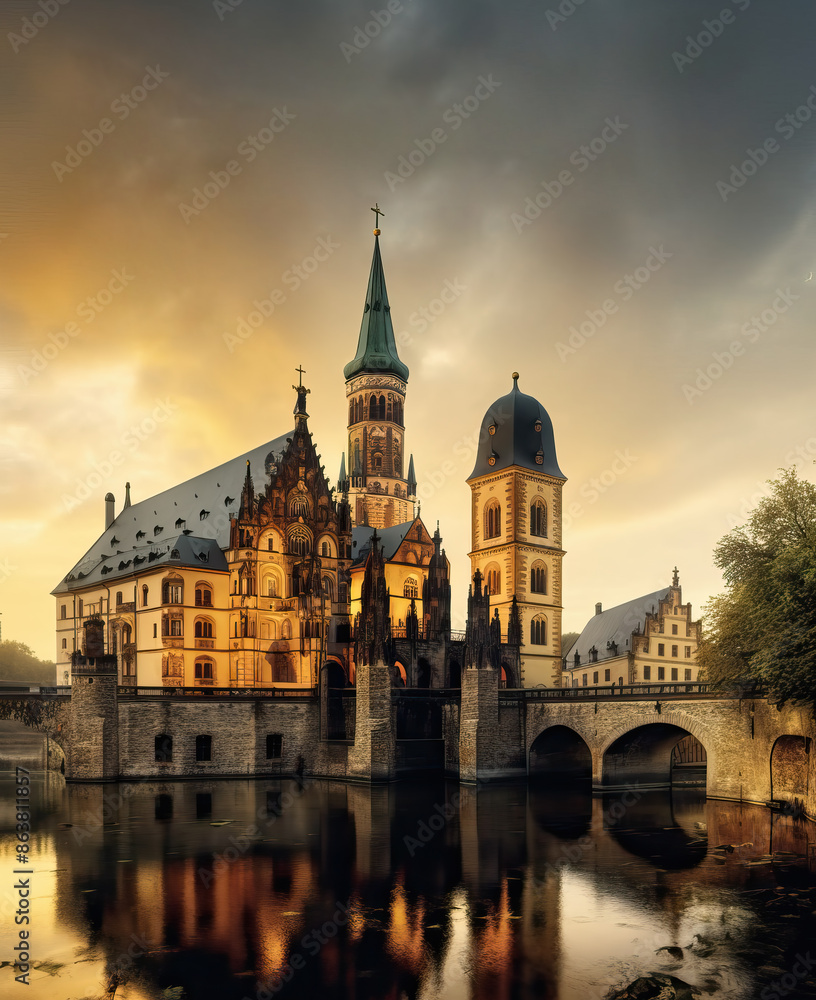 Naklejka premium Old building near water w/ clock AI-generated