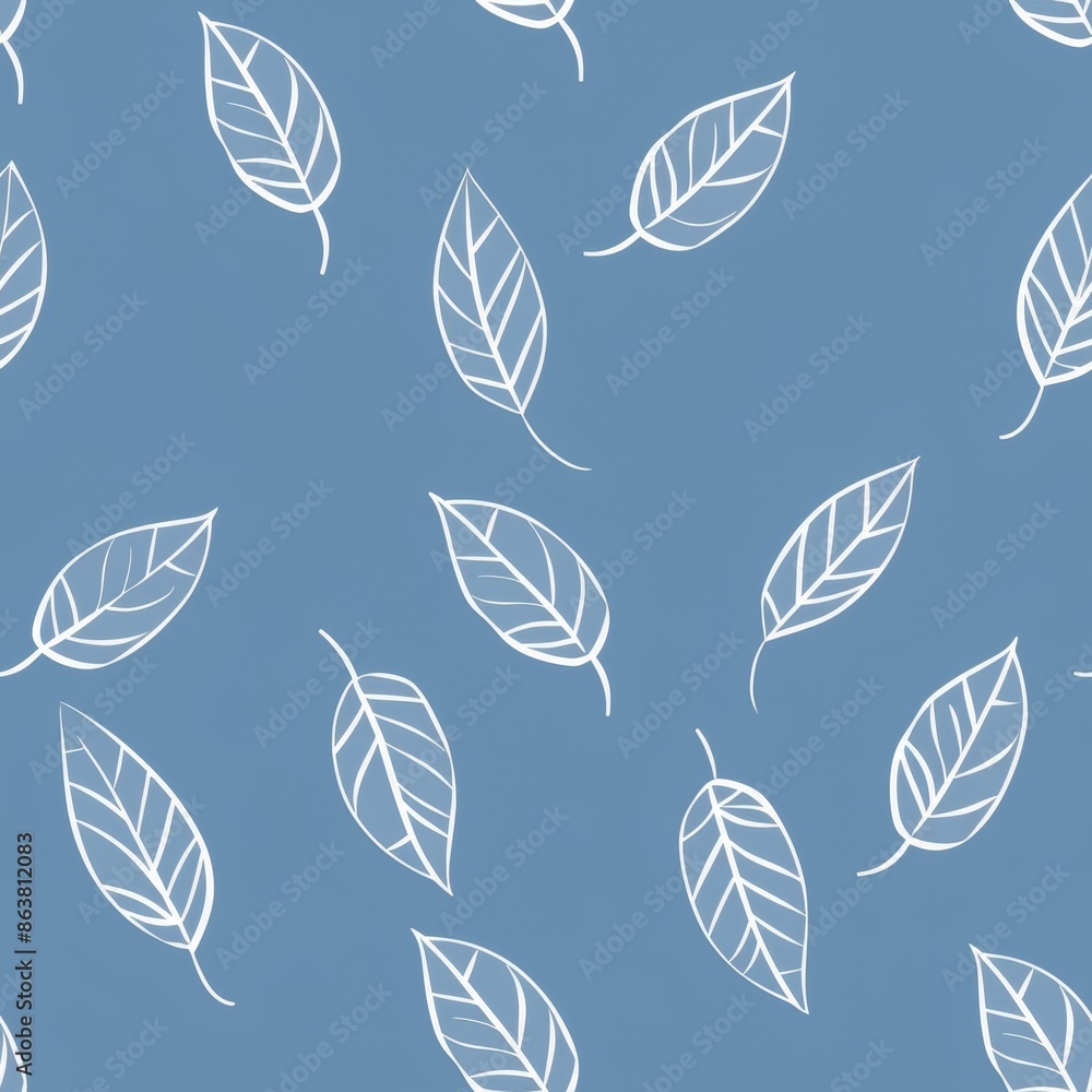 Fototapeta premium Seamless pattern with white leaves on a blue background. Nature, floral, botanical, organic, minimalist design. Ideal for textiles, fabrics, wallpaper, wrapping paper, and more.
