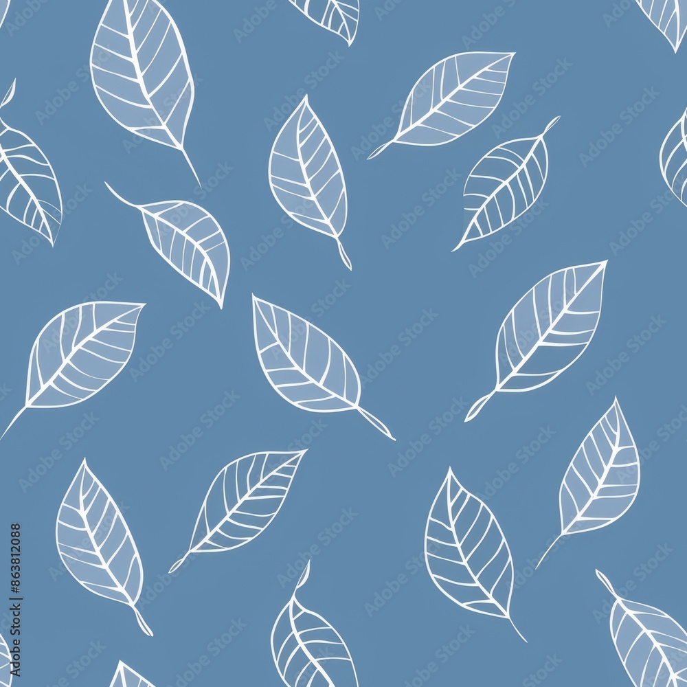 Obraz premium Elegant White Leaf Pattern on Dusty Blue Background, Seamless Floral Design for Fabric, Wallpaper, and Home Decor