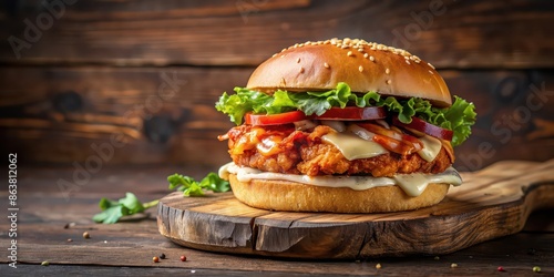 Delicious chicken burger with crispy bacon and sauce on a rustic wooden board, chicken burger, crispy bacon, sauce