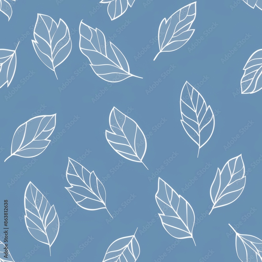 Fototapeta premium Seamless pattern with white leaves on blue background. Nature, floral, spring or summer concept.