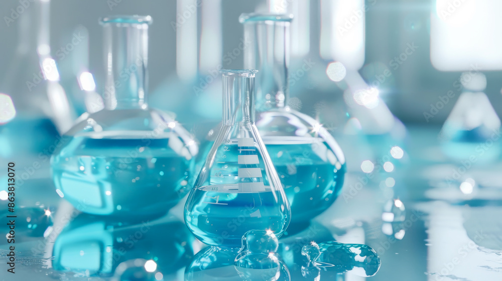 Close-up of transparent test tubes with light blue liquid in a modern laboratory. Chemical experiments. Science and research concept. Close-up of transparent test tubes with light blue liquid in a modern laboratory. Chemical experiments. Science and research concept.