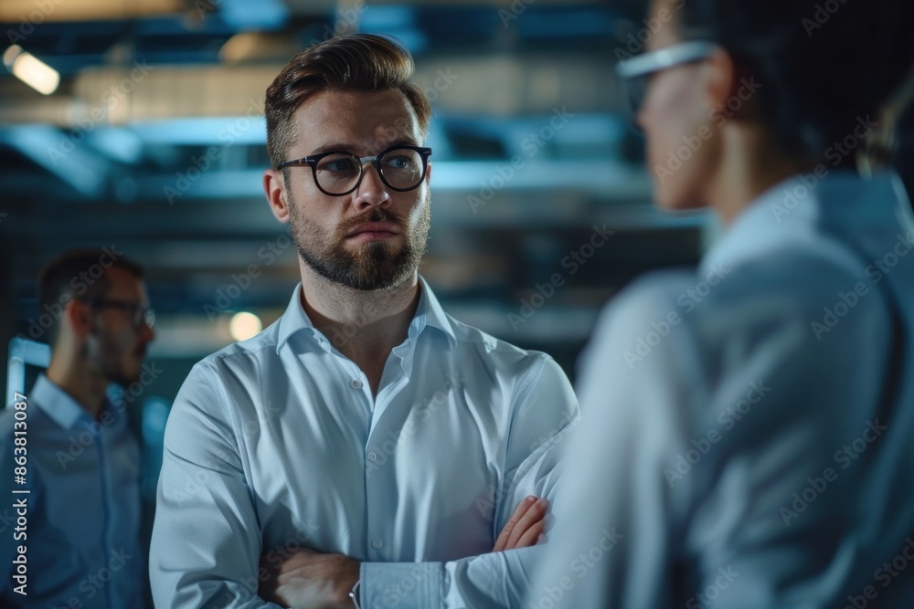 Portrait of a production manager discussing workflow with team members, high quality photo, photorealistic, collaborative environment, studio lighting, Portrait of a production manager discussing workflow with team members, high quality photo, photorealistic, collaborative environment, studio lighting,