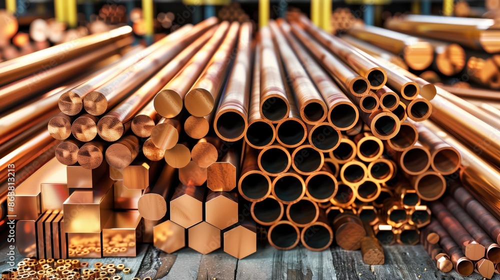 Assorted Copper Tubes and Rods in Warehouse. Assorted copper tubes and rods of various shapes and sizes neatly stacked in a warehouse, highlighting the diversity of industrial copper products. Assorted Copper Tubes and Rods in Warehouse. Assorted copper tubes and rods of various shapes and sizes neatly stacked in a warehouse, highlighting the diversity of industrial copper products.