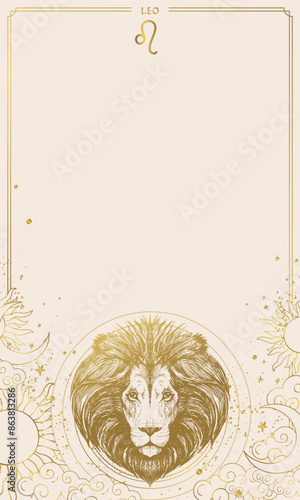 Leo zodiac sign with lion head illustration in gold on a beige background. Astrological vector template with copy space for design and print. Horoscope and celestial concept.