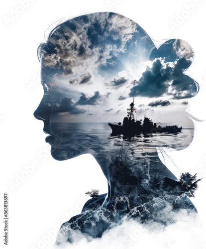 double exposure portrait of a woman and submarine background photo