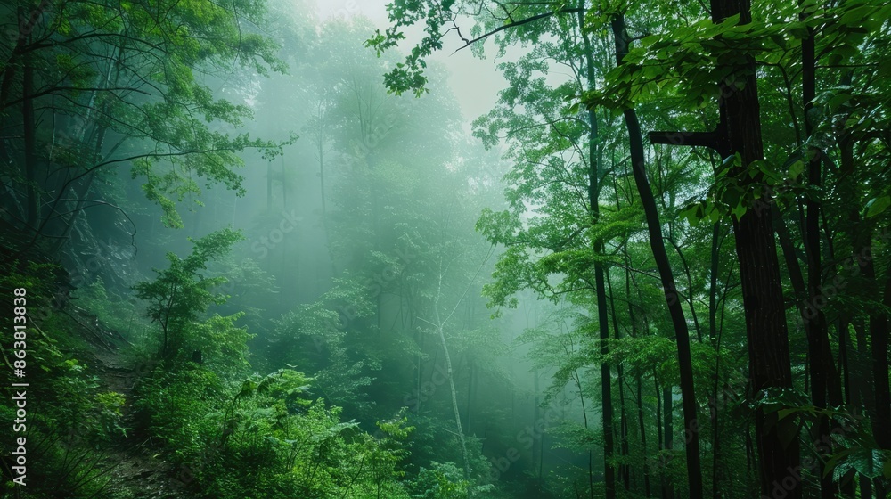 Fototapeta premium green foggy forest landscape