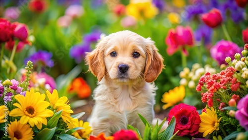 Adorable puppy surrounded by a variety of colorful flowers , puppy, flowers, cute, adorable, pet, animals, nature, plants