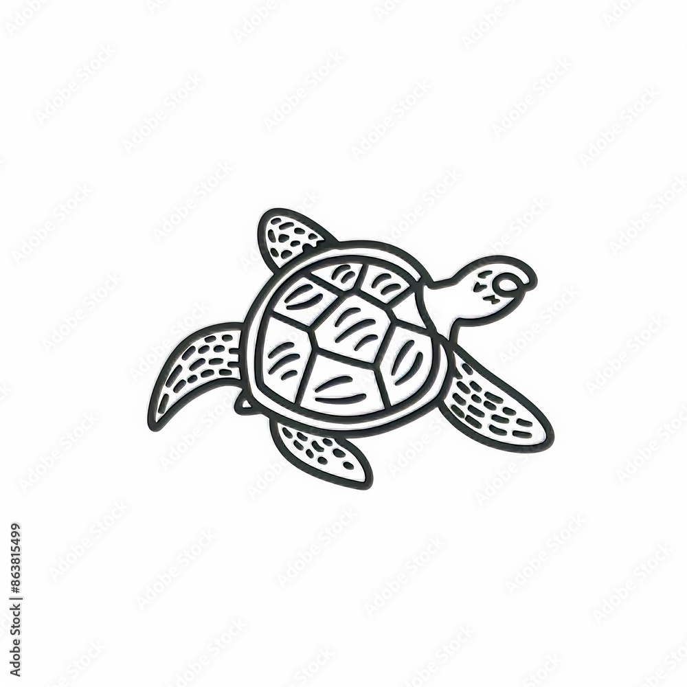 Fototapeta premium A monochrome picture of a loggerhead sea turtle isolated on a white background. This is a modern reptile, nautical tortoise with a shell.