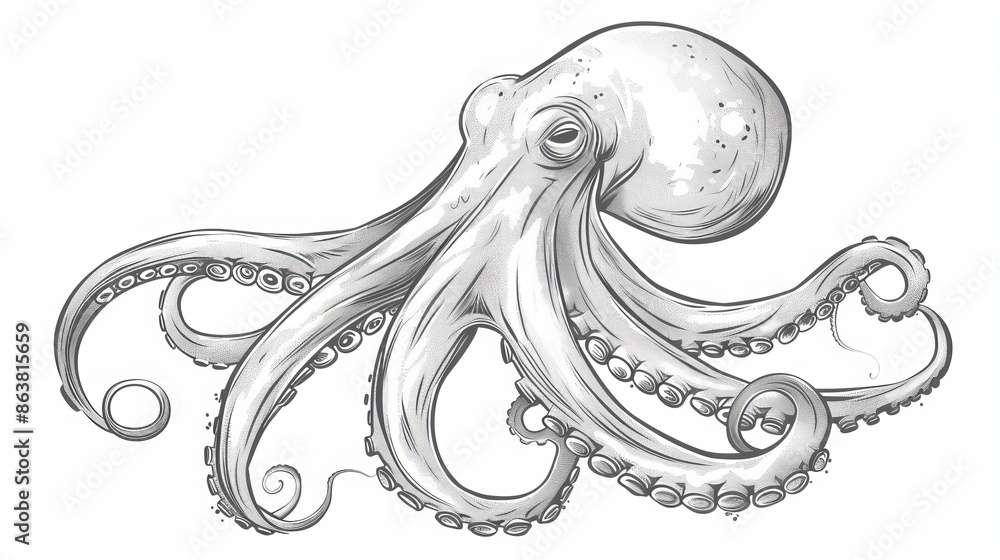 Fototapeta premium Ocean animal Octopus pouple devilfish isolated monochrome sketch icon. Vintage underwater soft-bodied creature, fishing sport trophy, nautical mascot. Ocean animal cuttlefish species isolated on