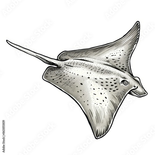 Coastal marine animal isolated in dots of stingrays. Connected to the stingrays by their long tail and outspread pectoral fins are the Batoidea stingray sankar fish. photo