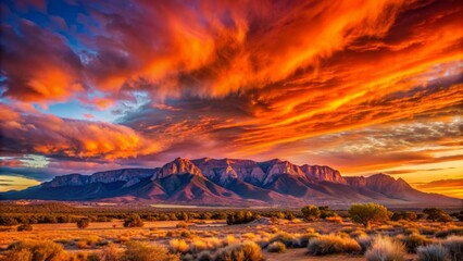 Leinwandbilder Purpur Vibrant orange and pink hues dance across the sky as the Sandia Mountains silhouette against a tranquil New Mexico landscape.  © DigitalArt Max
