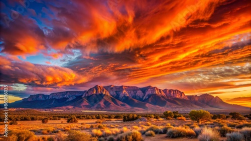 Vibrant orange and pink hues dance across the sky as the Sandia Mountains silhouette against a tranquil New Mexico landscape.