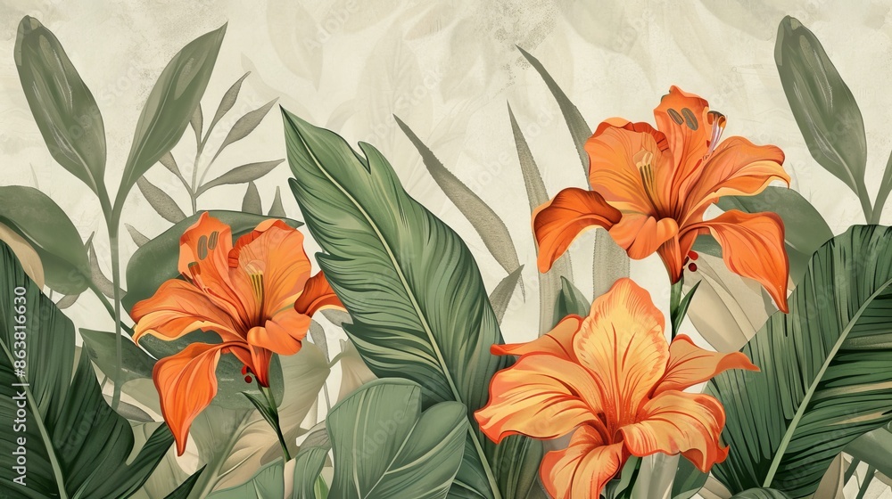 Orange tropical flowers blooming over lush green leaves background Orange tropical flowers blooming over lush green leaves background