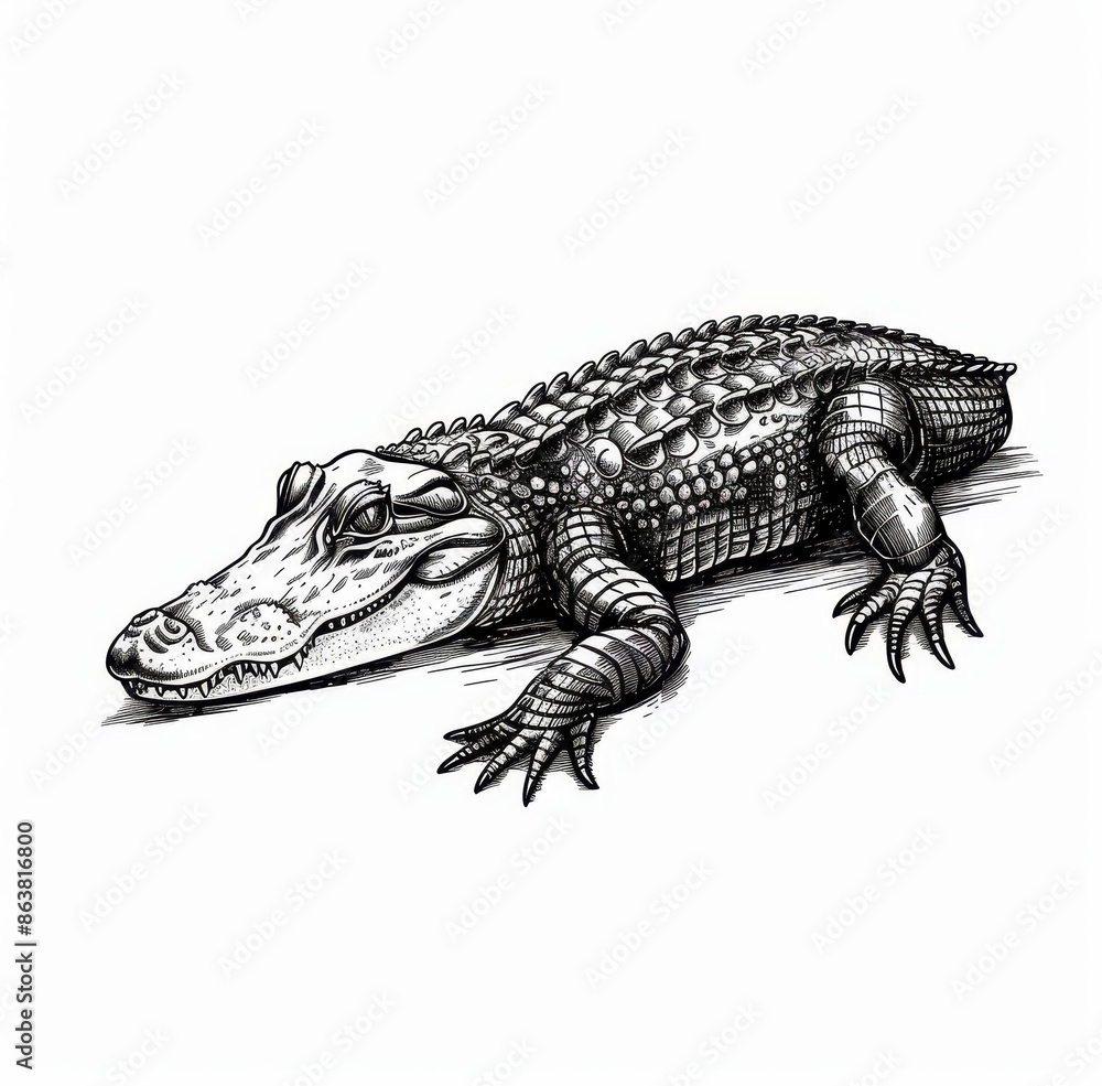 Fototapeta premium Crocodile ancient aztec animal isolated on white. Retro crocodile with sharp teeth and claws.