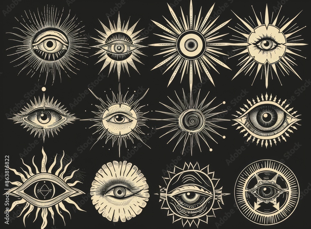 Illuminati eye of Providence. Esoteric occult symbols, mason tattoos with all seeing eye of God, engraver's mark, magic triangle, and light rays. Freemasonry, spiritual and alchemical symbols. Illuminati eye of Providence. Esoteric occult symbols, mason tattoos with all seeing eye of God, engraver's mark, magic triangle, and light rays. Freemasonry, spiritual and alchemical symbols.