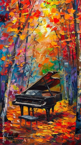 Black piano standing on a carpet of autumn leaves in a forest clearing