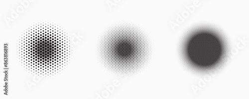 Set of dotted abstract shapes. Hexagonal halftone pattern. Half tone design elements in geometric tech style for logo, banner, web page, print, poster, business cards and template.