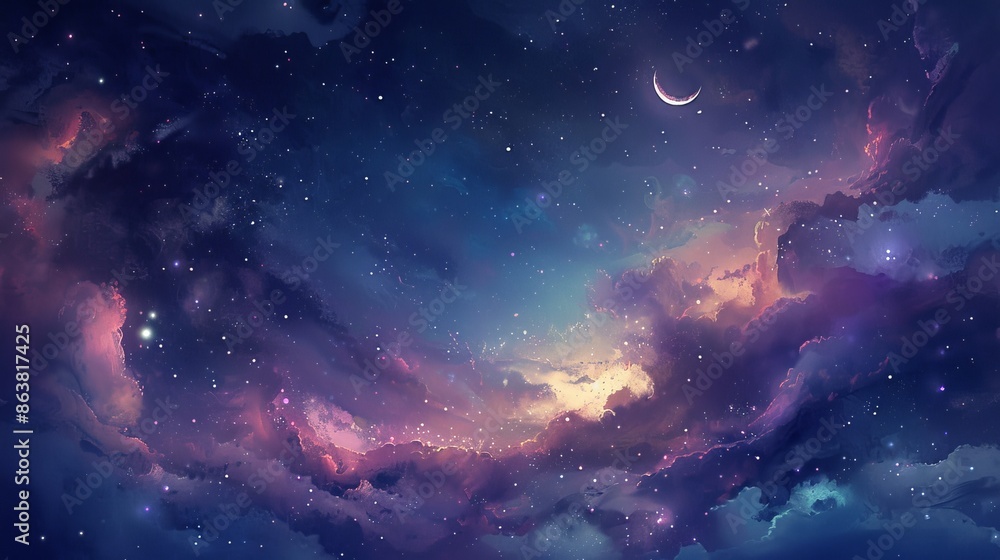 Fototapeta premium Crescent moon shining over clouds in a starry night sky