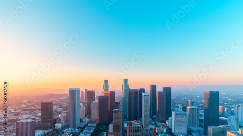 los angeles skyline panorama at sunset with vibrant colors and cityscape details.
