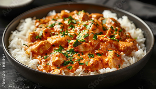 Chicken Tikka Masala with Rice in a Black Bowl