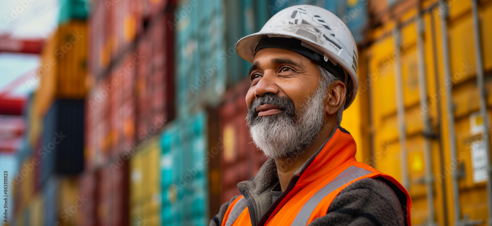 Indian worker standing in front of stacked shipping containers. Container terminal - freight shipping background. International trade banner. Import export concept. Indian worker standing in front of stacked shipping containers. Container terminal - freight shipping background. International trade banner. Import export concept.
