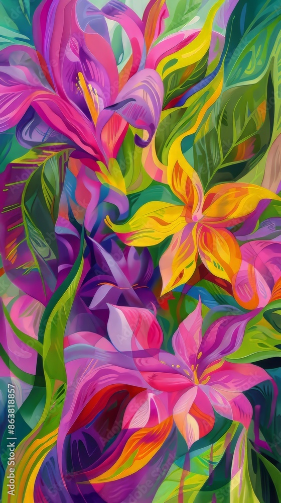 Colorful flowers blooming in a psychedelic garden illustration Colorful flowers blooming in a psychedelic garden illustration